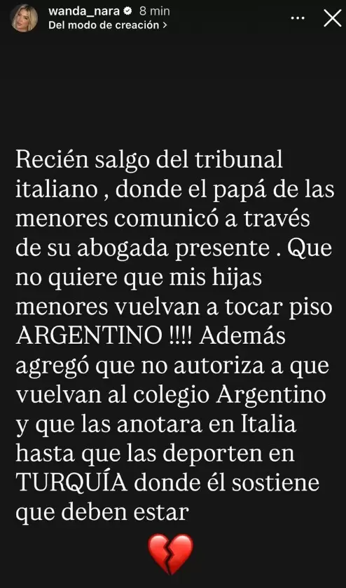 As� informaba Wanda Nara que Mauro Icardi no quer�a que sus hijas vuelvan a pisar suelo argentino, en una historia que luego borr�.