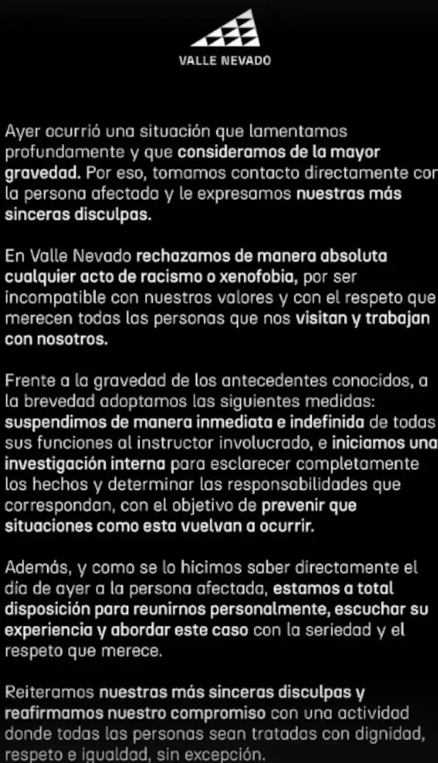 El centro de ski de Valle Nevado anunció la suspensión indefinida del intrucctor argentino acusado de racismo.