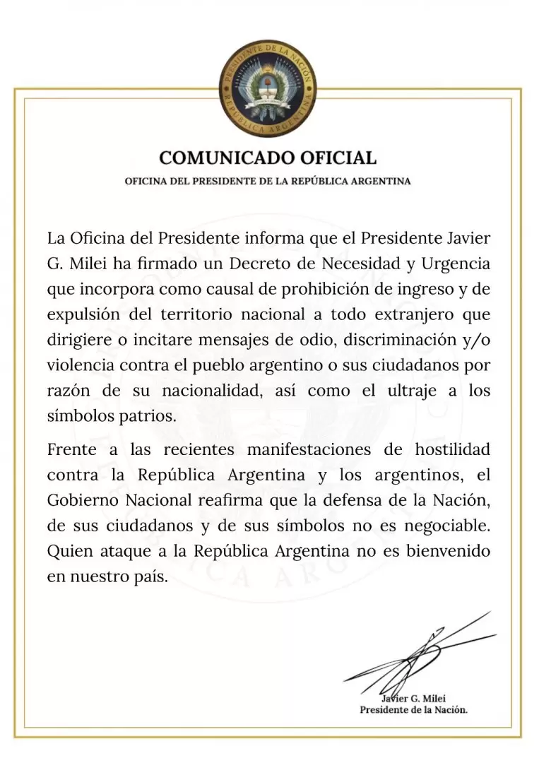El anuncio de la Oficina del Presidente