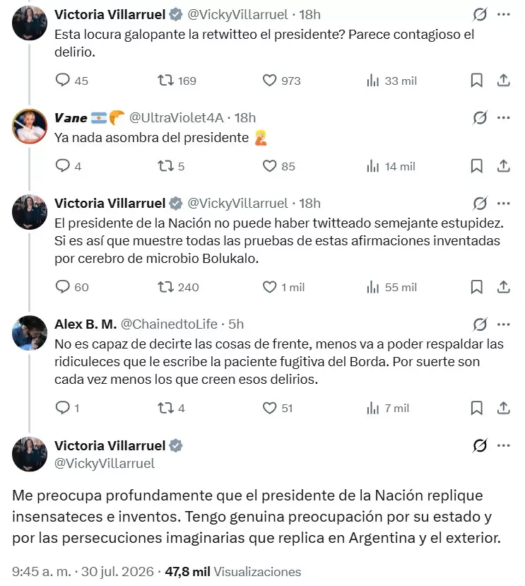 Los posteos de Victoria Villarruel en rechazo a la conspiración que enarboló, sin pruebas, la diputada nacional Lilia Lemoine.