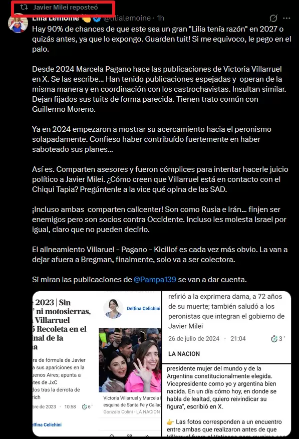Javier Milei respaldó la conspiración que denunció su diputada nacional, la cosplayer Lilia Lemoine.
