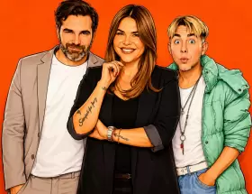 Una versi�n caricaturizada de Santiago Caama�o, Nazarena V�lez y Nicol�s Maiques, los protagonistas de Un Cambio Inesperado.