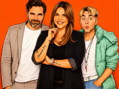 Una versi�n caricaturizada de Santiago Caama�o, Nazarena V�lez y Nicol�s Maiques, los protagonistas de Un Cambio Inesperado.
