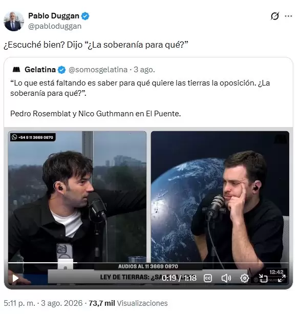 El posteo de Duggan que enfureció a Rosemblat