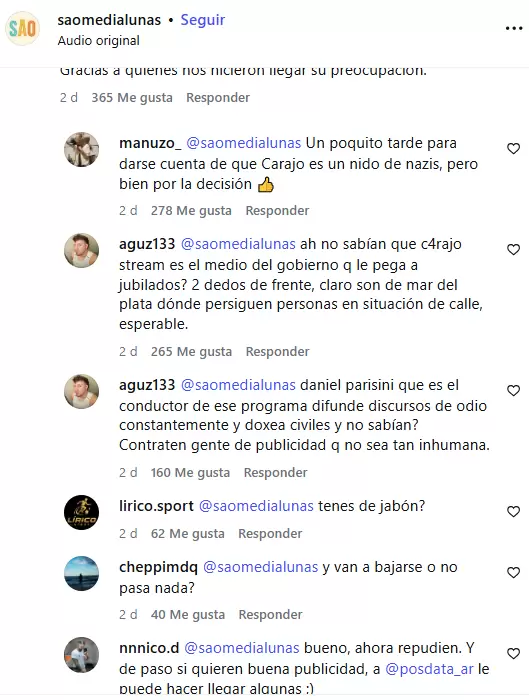 Algunos de los comentarios en las redes de Sao Medialunas