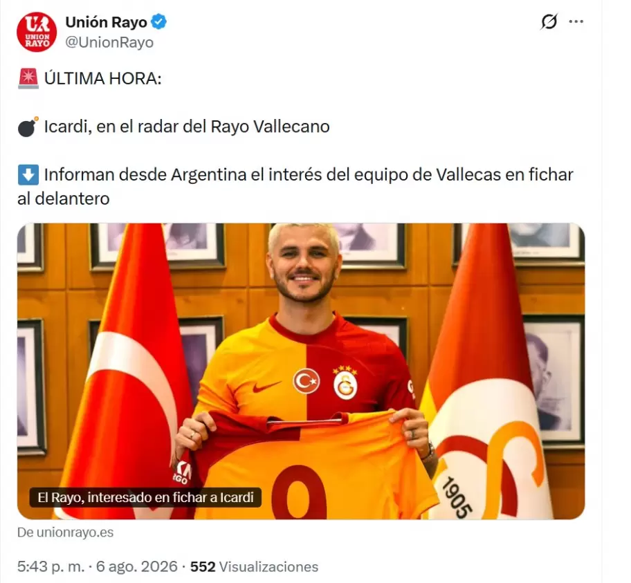 Crece el interés del Rayo Vallecano por contar con el delantero Mauro Icardi.