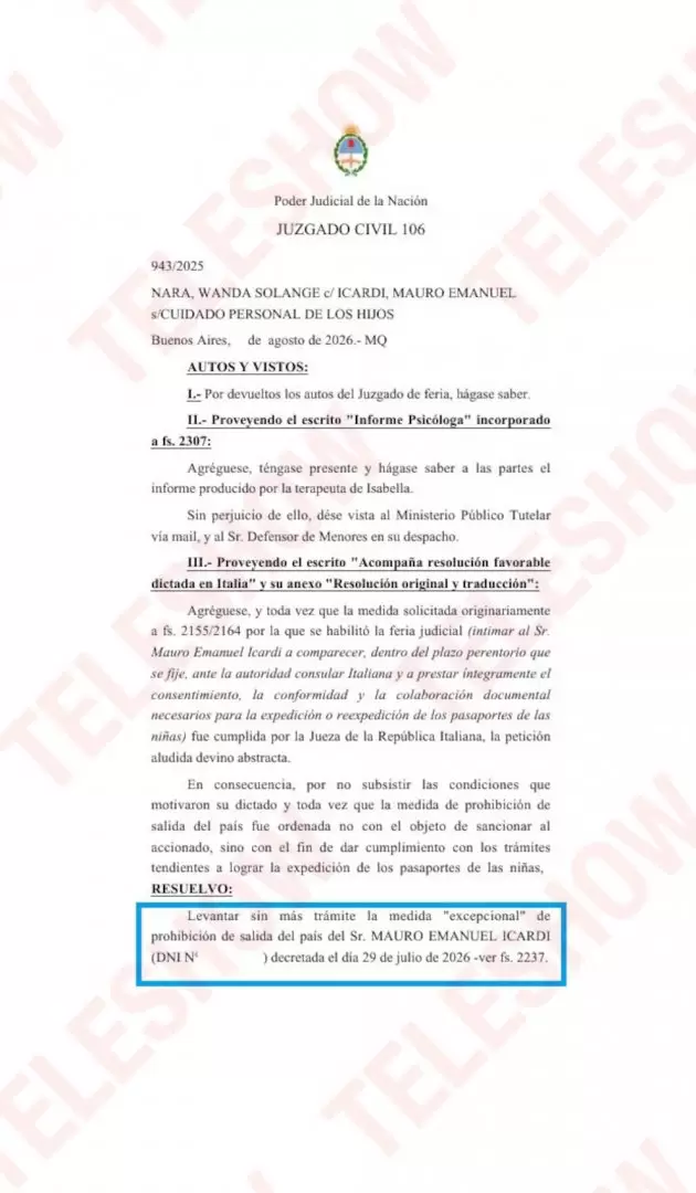 La definición judicial del juez Adrián Hagopian para liberar la salida del país de Mauro Icardi.