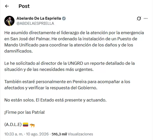 Abelardo De La Espriella difundió un comunicado en el que aseguró haber tomado personalmente la coordinación de la emergencia