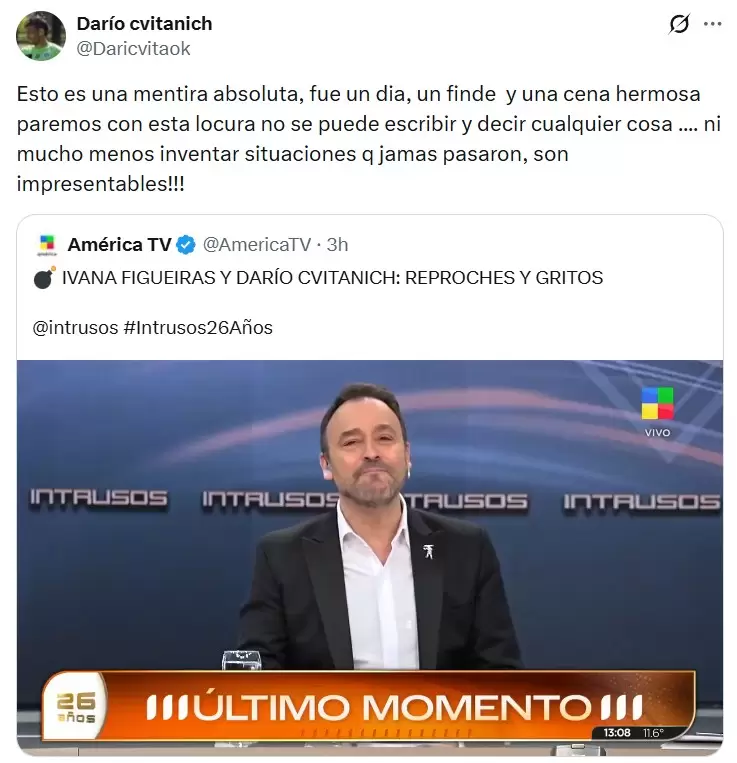 El reproche de Darío Cvitanich a la información de una crisis con su pareja que divulgó Intrusos.