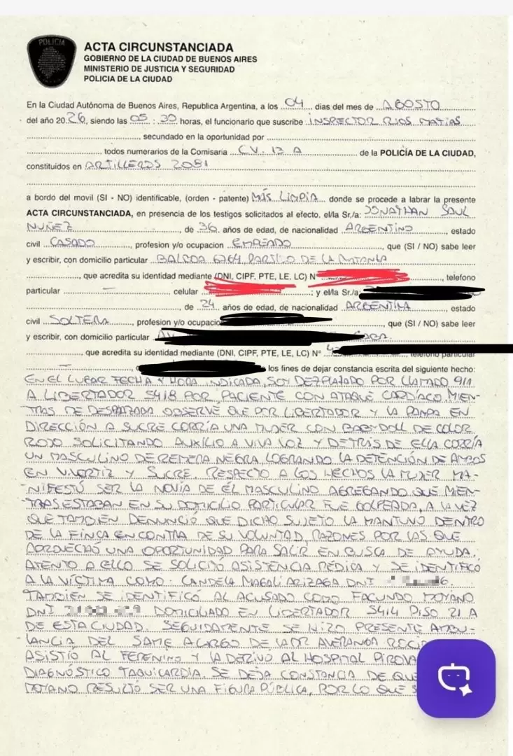 El parte policial de la detención de Moyano que habla sobre violencia de género