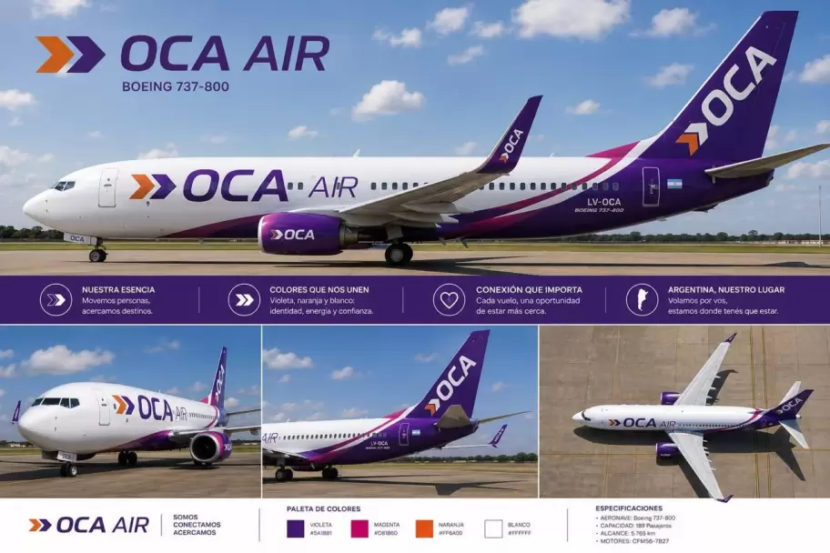 Una de las gr�fica de Oca Air, la nueva l�nea a�rea de Scatturice que se nutrir�a de la quiebra de Flybondi, otra de sus empresas.
