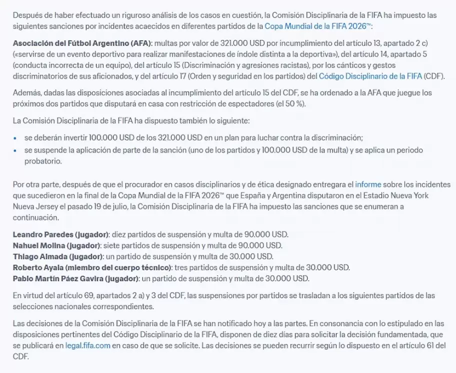 Sanciones de la FIFA por el Mundial 2026