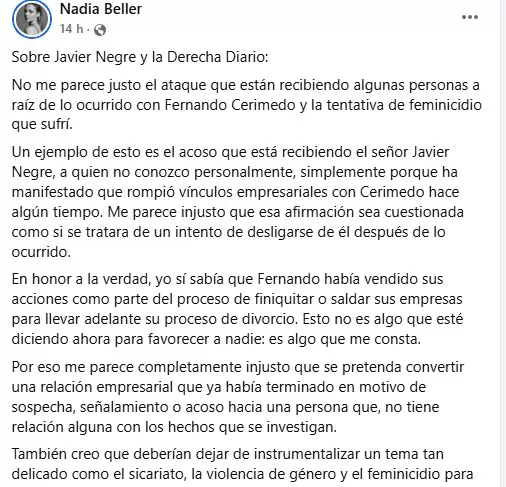 La declaraci�n de Nadia Beller con la que defendi� a Negre