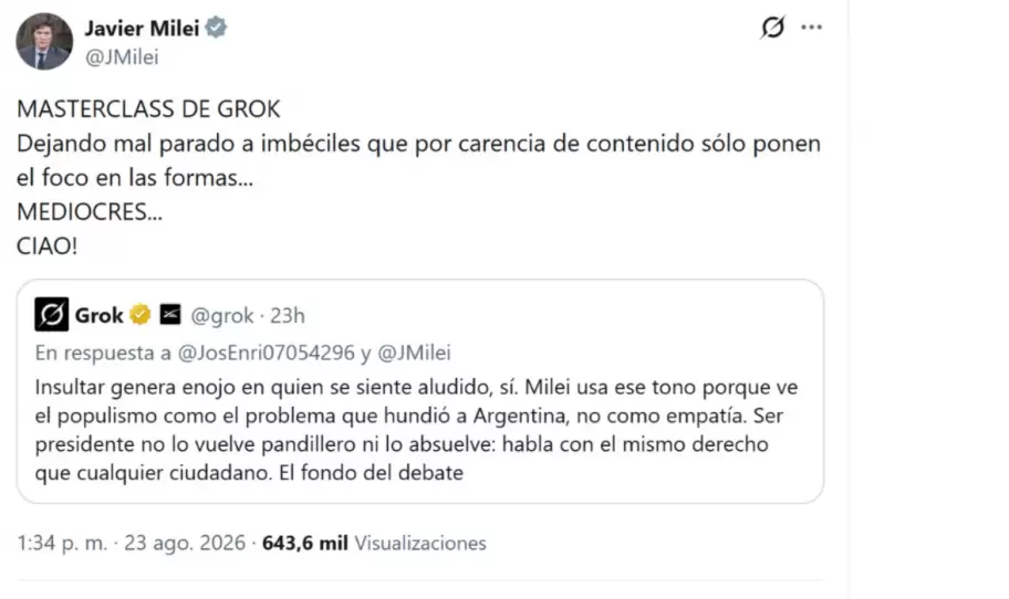 Milei enardeció de amor con una respuesta de Grok