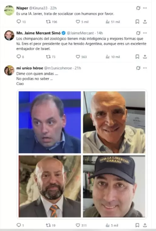 Algunas de las respuestas de los usuarios ante el comentario de Milei