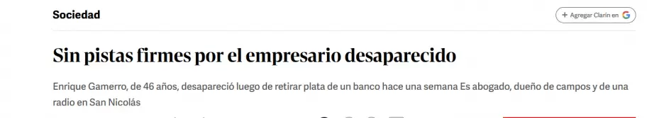 El recorte del diario Clar�n del a�o 2001 que da cuenta de la desaparici�n de Gamerro