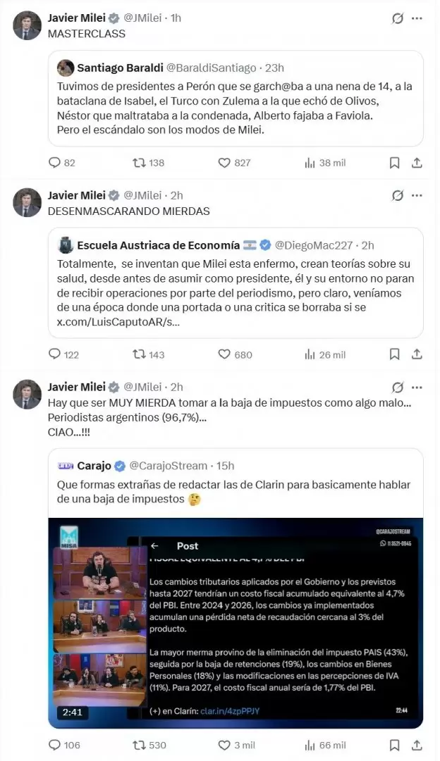 Otro día de furia presidencial: catarata de tuits de Javier Milei contra la prensa.