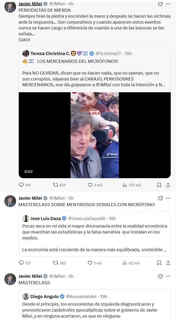 Otro día de furia presidencial: catarata de tuits de Javier Milei contra la prensa.