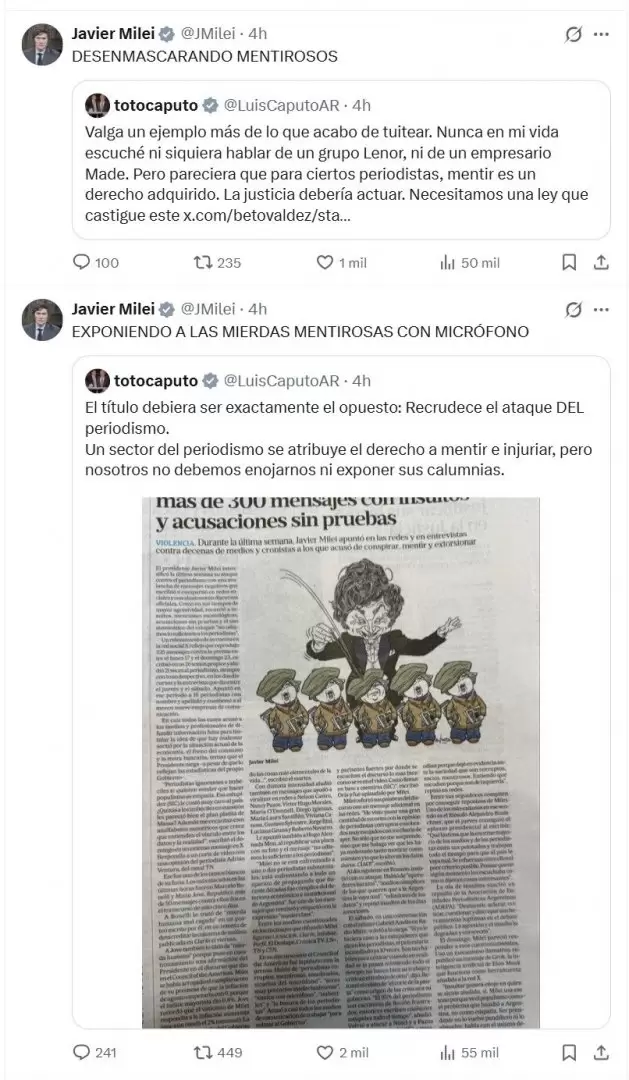 Otro día de furia presidencial: catarata de tuits de Javier Milei contra la prensa.