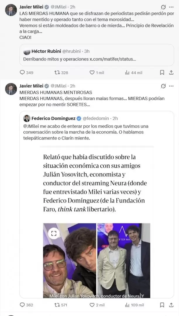 Otro día de furia presidencial: catarata de tuits de Javier Milei contra la prensa.