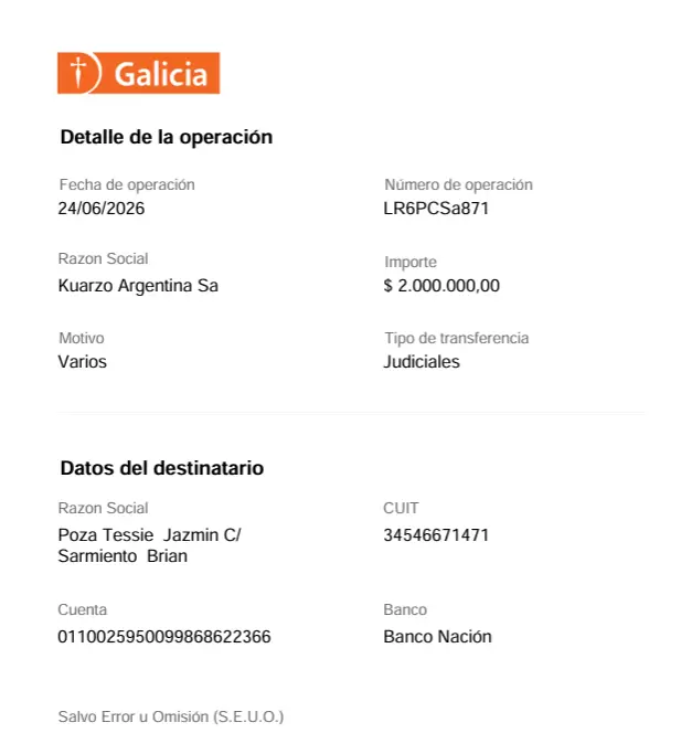 Comprobante de pago de Brian Sarmiento a su ex, Tessie