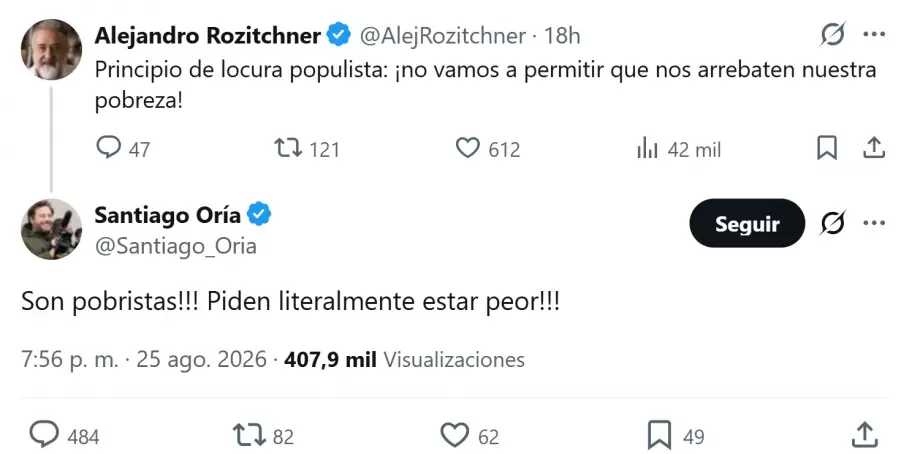 El tuit entre Alejandro Rozitchner y Santiago Or�a que deriv� en la exposici�n de la nueva granja de trolls libertarios tras la salida de Caputo.