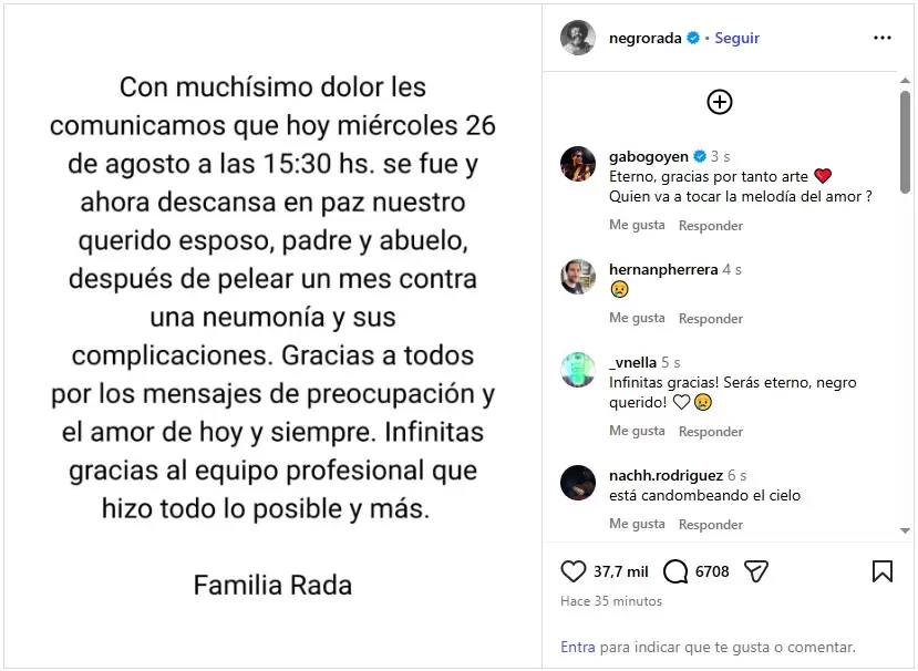 As� anunci� la familia el fallecimiento de Rub�n "el Negro" Rada.