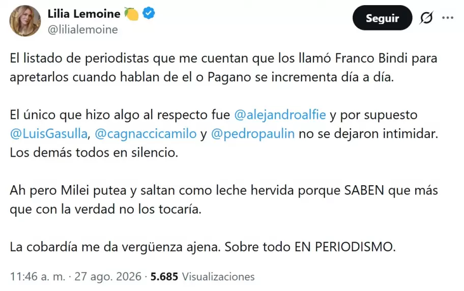 Lemoine y una nueva ofensiva contra Marcela Pagano.