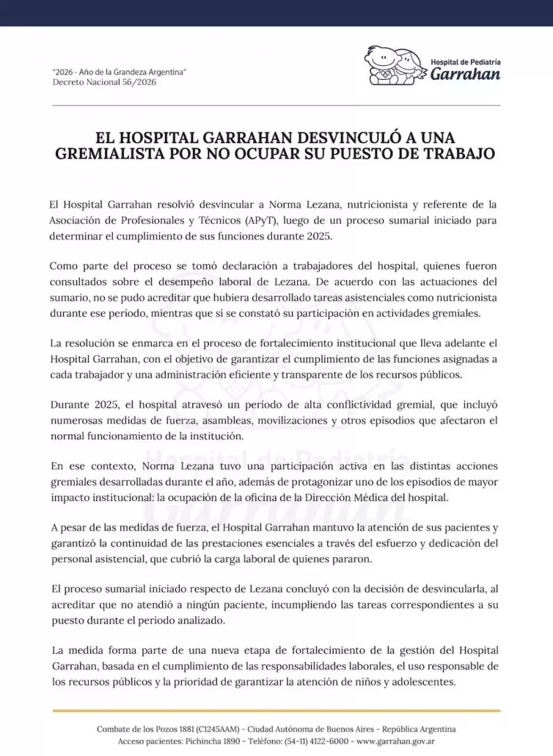 La comunicaci�n del Hospital Garrahan en la cual anunciaron la desvinculaci�n de Norma Lezana.