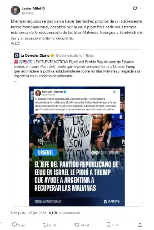 El tweet de Milei sobre la bandera con la inscripción "Las Malvinas son argentinas"