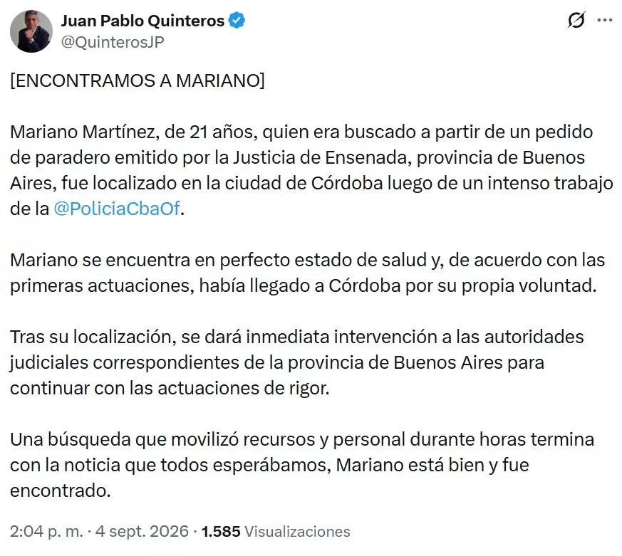 La publicaci�n del ministro Juan Pablo Quinteros tras encontrar con vida a Mariano Mart�nez.
