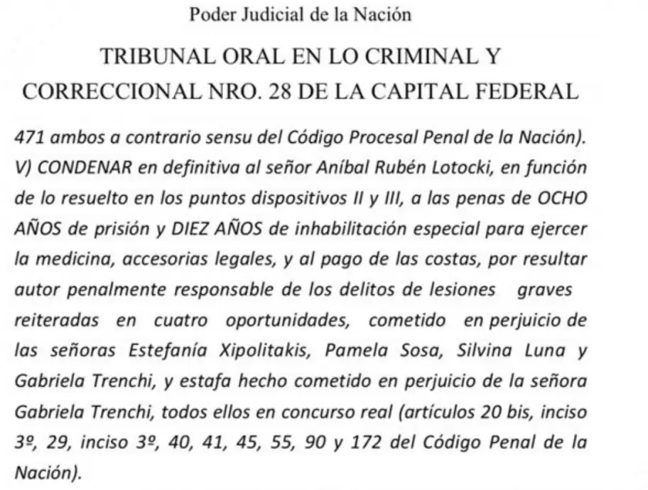 El fallo del Tribunal Oral en lo Criminal y Correccional N°28 que condenó a ocho años de prisión a Aníbal Lotocki.