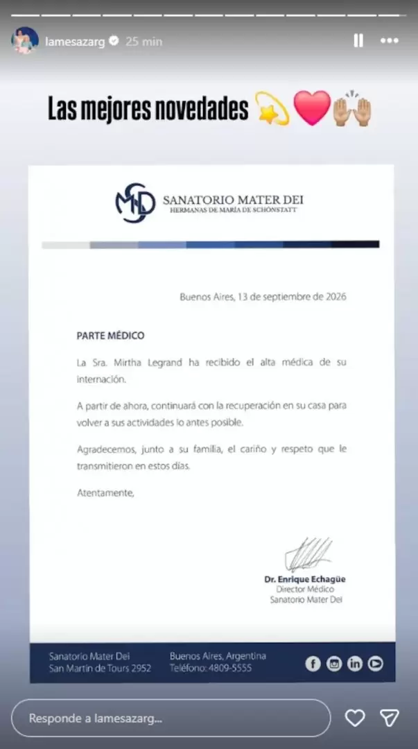 El parte médico del Sanatorio donde estuvo internada la diva