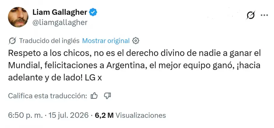 Liam Gallagher y su tuit tras la victoria de Argentina sobre Inglaterra en las Semifinales del Mundial 2026.