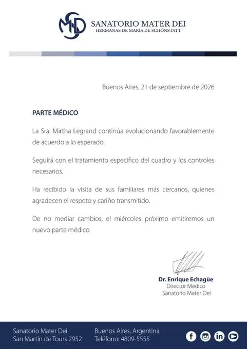 El Sanatorio Mater Dei difundió un nuevo parte médico DE Mirtha Legrand