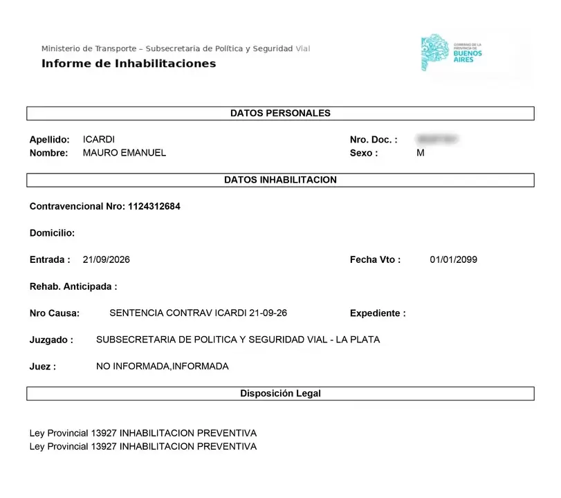 El informe de la inhabilitación de la licencia de conducir que sufrió Mauro Icardi por parte de la provincia de Buenos Aires.