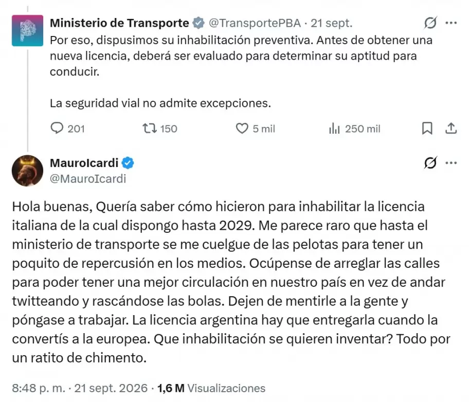La acusación de Mauro Icardi al Ministerio de Transporte bonaerense por querer inhabilitarle la licencia: "Todo por un ratito de chimento"