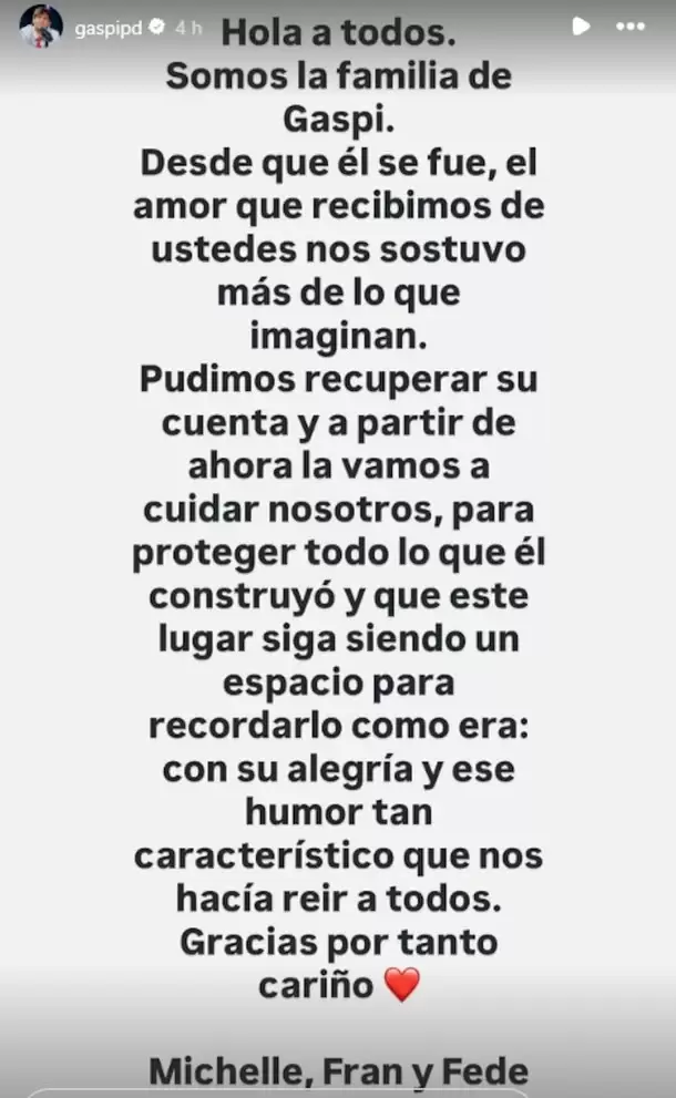 La familia de Gaspi recuperó su cuenta de Instagram