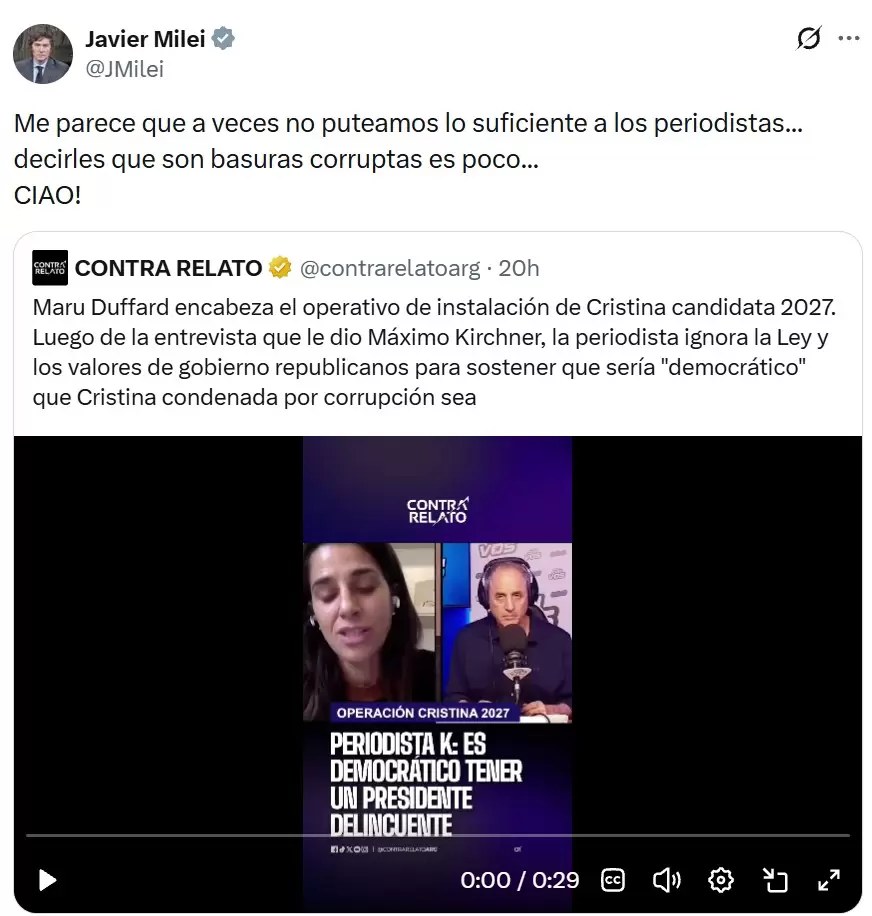 Los insultos de Javier Milei en redes sociales a la periodista Maru Duffard.