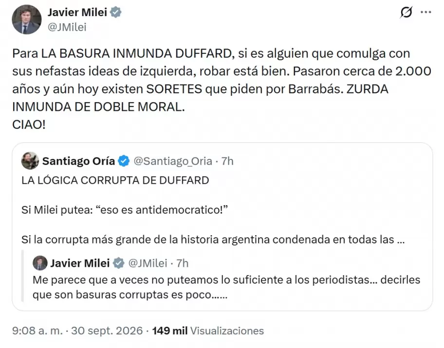 Los insultos de Javier Milei en redes sociales a la periodista Maru Duffard.