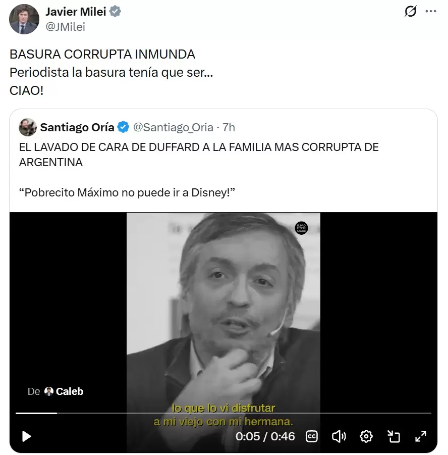 Los insultos de Javier Milei en redes sociales a la periodista Maru Duffard.