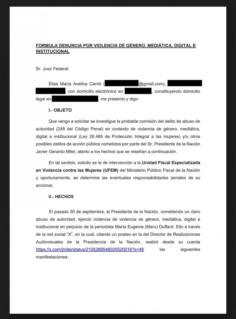 Parte de la denuncia de Carrió contra el presidente