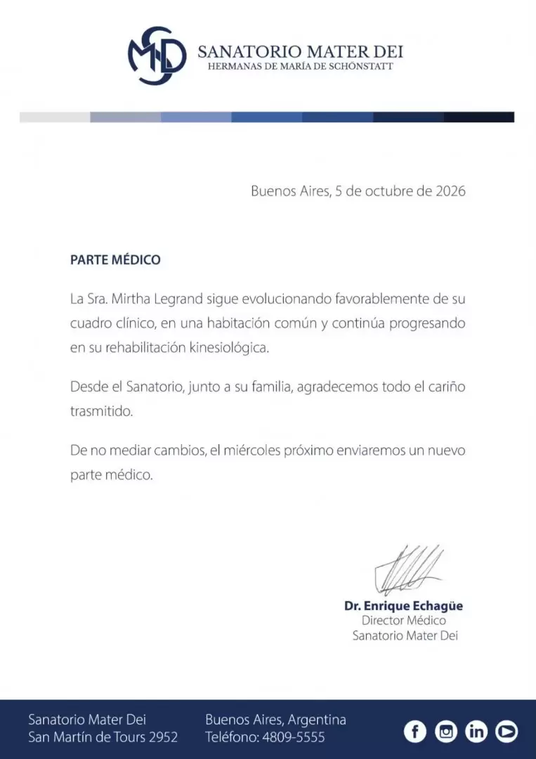 El parte médico del Sanatorio Mater Dei del 5 de octubre en relación a la internación de Mirtha Legrand.