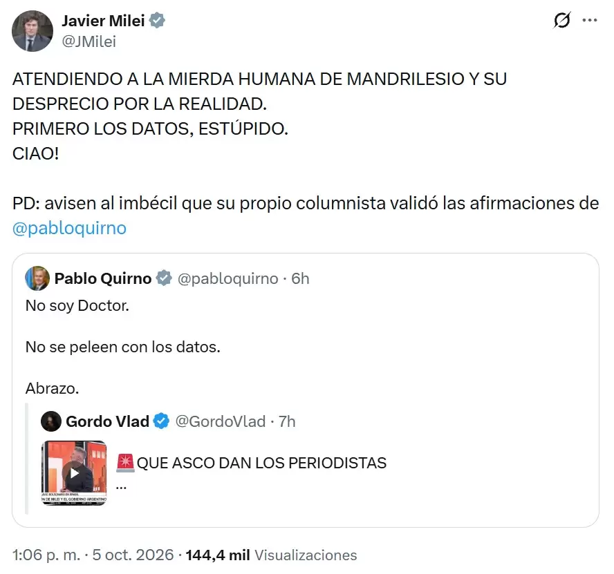 Milei aprovech� la confusi�n de Novaresio, que llam� doctor a Pablo Quirno cuando no lo es, para llamarlo "est�pido" y "mandrilesio".