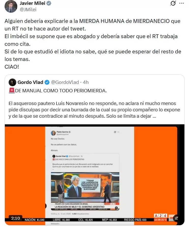 Luis Novaresio fue llamado "mandrilesio" y "mierdanecio" en un mismo d�a por Milei, en el marco de una nueva ola de furia contra el periodismo.