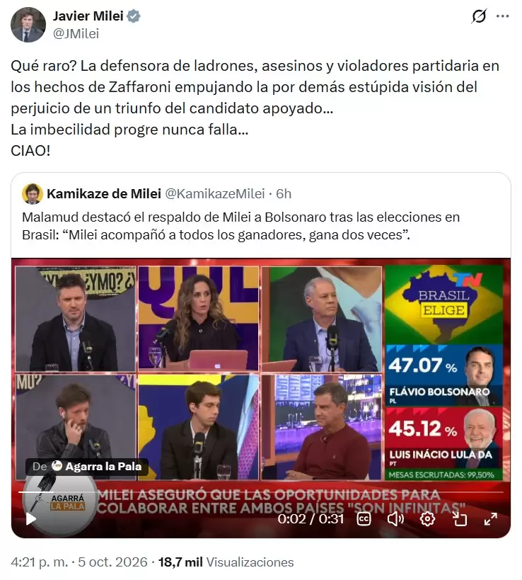 En sus �ltimos ataques al periodismo, Milei volvi� a apuntar contra J�sica Bossi.