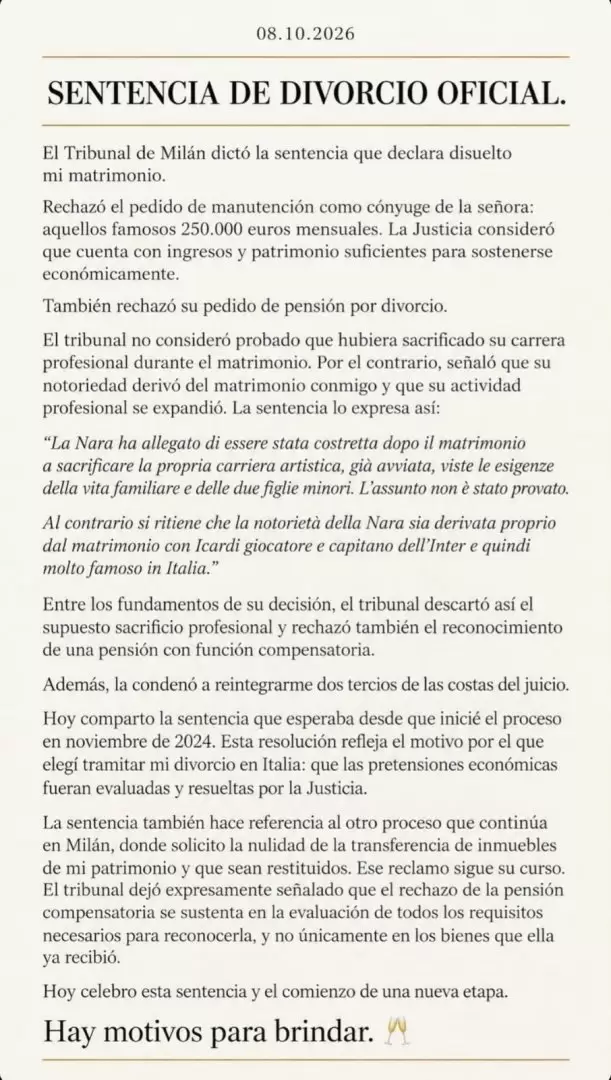 La imagen que subi� Mauro Icardi en relaci�n a la sentencia de divorcio que dict� la Justicia de Mil�n.