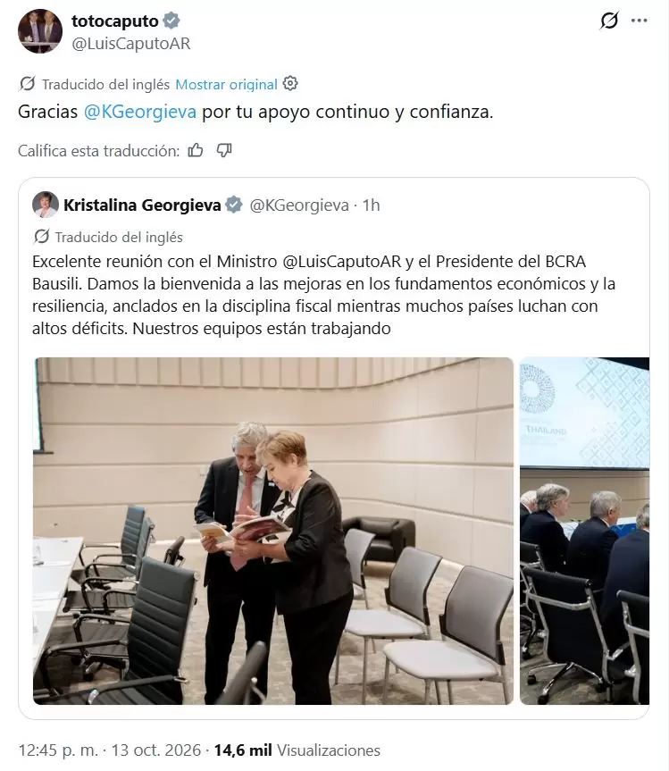 Luis "Toto" Caputo y su agradecimiento a los elogios de Kristalina Georgieva a la "disciplina fiscal" de Argentina.