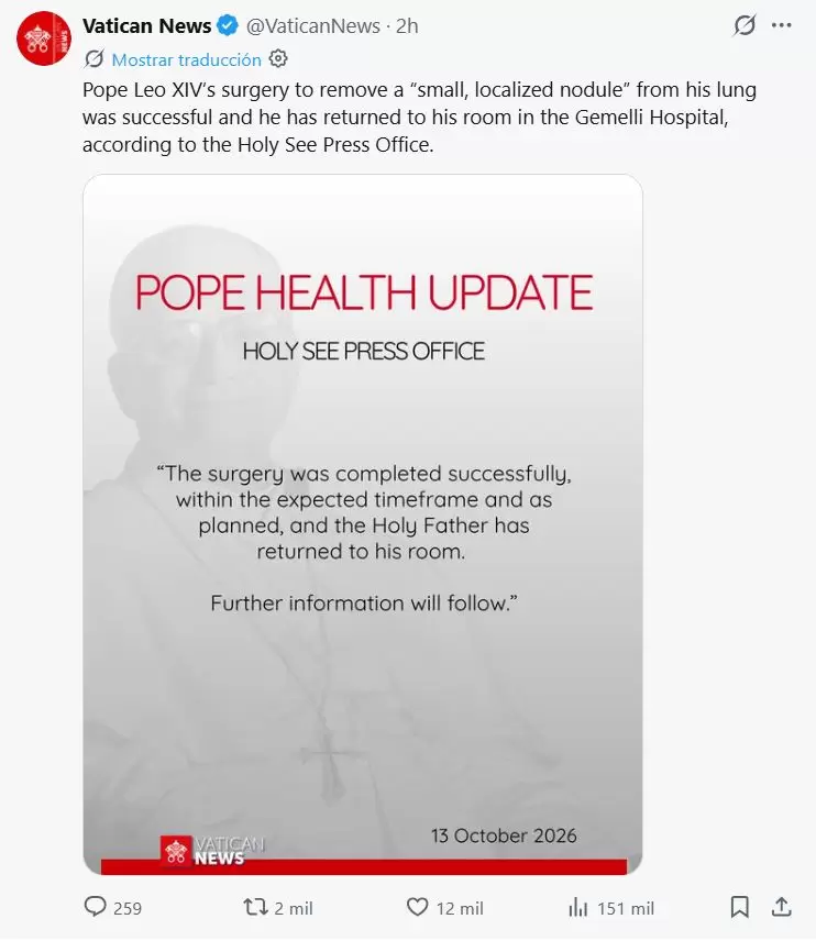 Vatican News inform� acerca de la exitosa intervenci�n que tuvo el papa Le�n XIV.