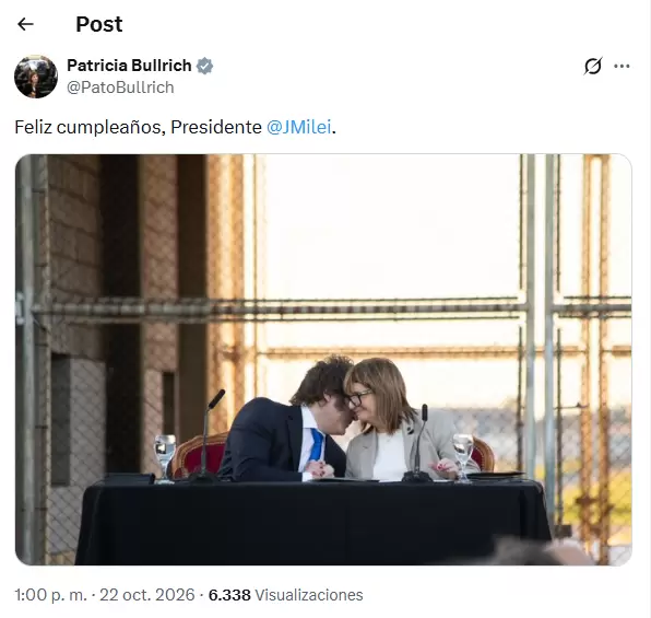 El saludo de Patricia Bullrich a Javier Milei